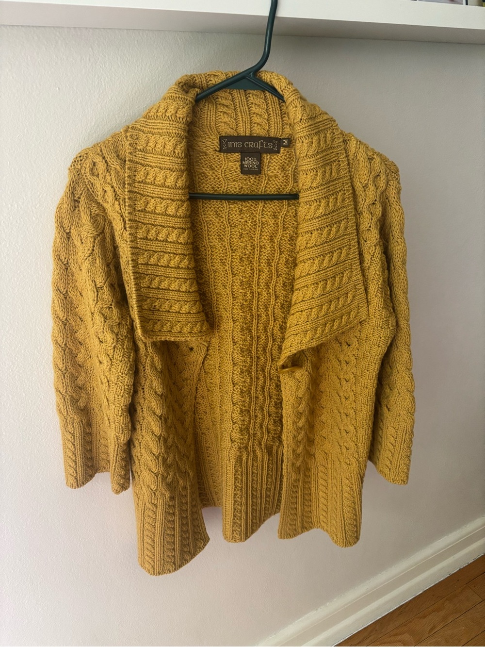 Mustard yellow Inis Crafts cardigan made of 100% merino wool